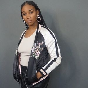Black/Pink, Satin Embroidered Bomber Jacket